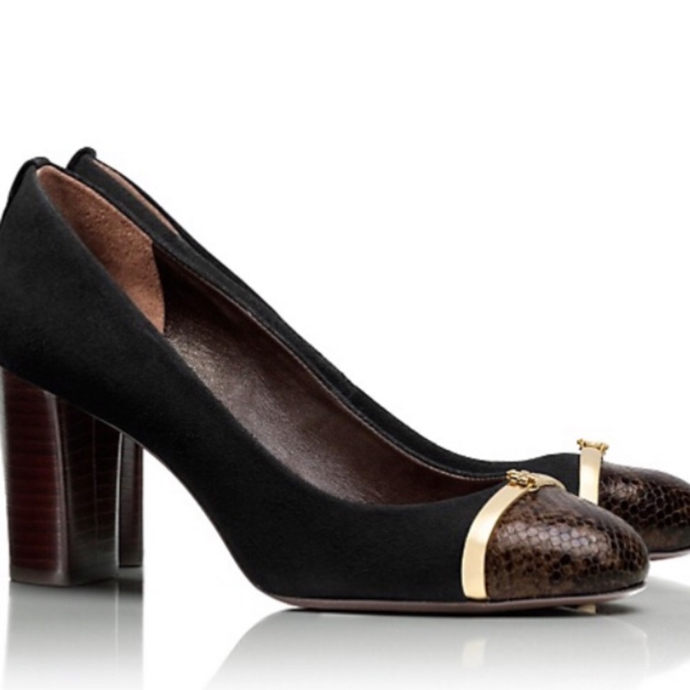7 Black Soft Suede/Snake Print Pump by Tory Burch
